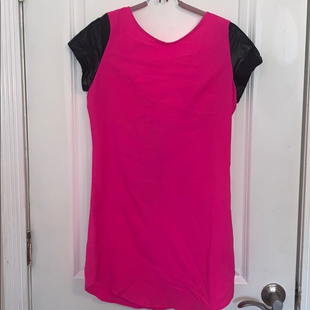 Neon Pink Dress with Faux Leather Short Sleeves
